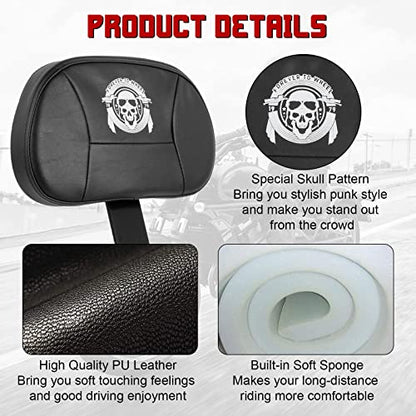 INNOGLOW Motorcycle Backrest - Detachable Adjustable Driver Rider Backrest Black Back Rest Pad Fit for Harley Davidson Touring Street Glide Electra Glide Road Glide Road King CVO 2009-2026 - color: Style-2/Black Arm(with skull printed)