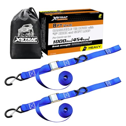 XSTRAP STANDARD Motorcycle Tie Down Straps- (2 Pack) 3,000lb Break Strength, 1.5 IN X 8FT Heavy-Duty Cambuckle Tie Down Set with S Hook and Soft Loops, Handlebar Strap for Dirt Bike, Kayak, Boat, Blue - color: Blue