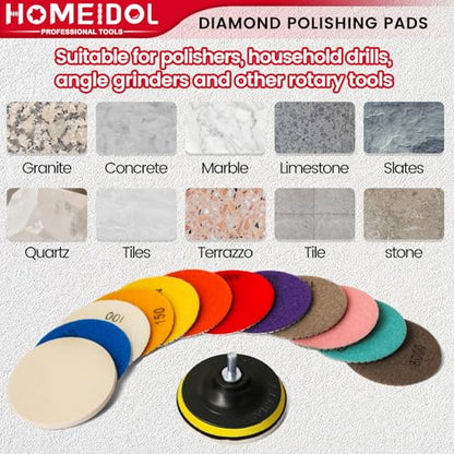 15PCS Diamond Polishing Pads Set 4 Inch, HOMEIDOL 50-8000 Grit Marble Polishing Kit for Concrete Stone, Wet/Dry Granite Polishing Kit for Drill, Grinder, Polisher with 5/8"-11 Backer Pad
