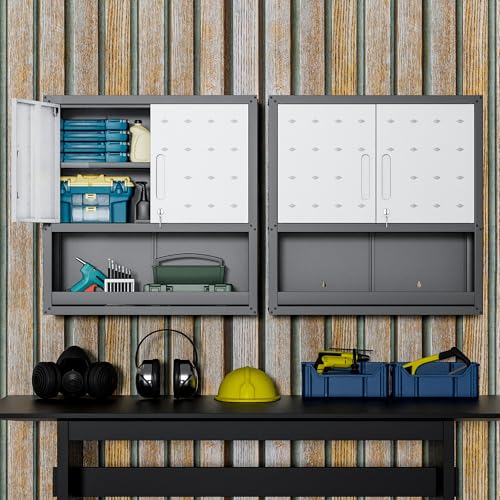 2-Pack Garage Tool Cabinet,Heavy Duty Steel Garage Storage System with Lockable Doors & Adjustable Shelves,Wall Mount Tool Cabinet Set for Workshop Organization,Black/Grey - color: Black & Grey
