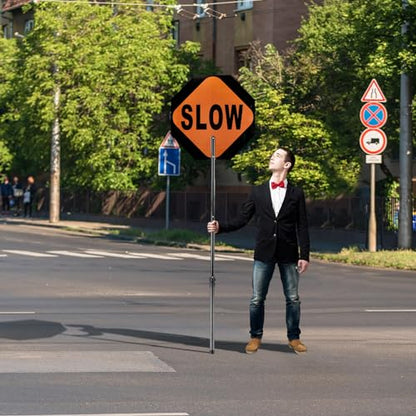 Kanayu 1 Pcs 18x18 Inch Double Sided Stop/Slow Paddle Signs Reflective Stop Slow Sign Flagger with Telescopic Pole Handheld Guard Paddle for Road Traffic Construction - color: Black, size: 18'' Paddle Sign 60" Pole