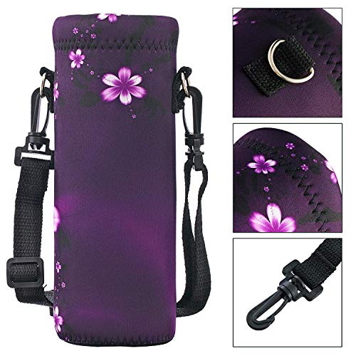 RICHEN Neoprene Water Bottle Carrier Bag with Adjustable Shoulder Strap,Insulated Water Bottle Cover for Stainless Steel/Glass/Plastic Bottles - color: Purple Flowers, size: 750ml