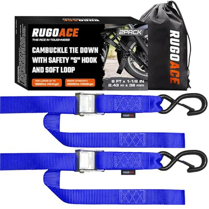 2PK 1.5" x 8FT Motorcycle Tie Down Straps, 3,000lb Break Strength, Heavy Duty Cambuckle, Safety S-Hooks & Soft Loops for Dirt Bike, ATV, UTV, Boat, and Kayak, Durable and Easy to Use, Blue - color: Blue