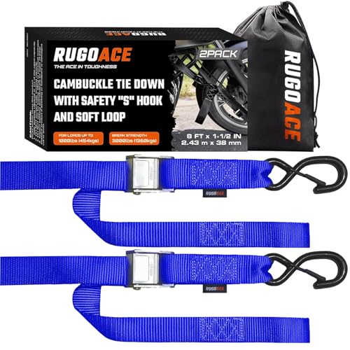 2PK 1.5" x 8FT Motorcycle Tie Down Straps, 3,000lb Break Strength, Heavy Duty Cambuckle, Safety S-Hooks & Soft Loops for Dirt Bike, ATV, UTV, Boat, and Kayak, Durable and Easy to Use, Blue - color: Blue