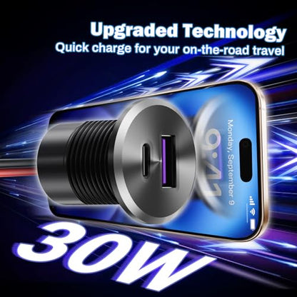 12V Aluminum USB Outlet Dual High-Speed Charging Ports, 30W PD3.0 Type-C+18W QC3.0 Fast Charging Socket, Recessed Mount Charger Replacement for Camper Van Trailer Truck Car Boat RV