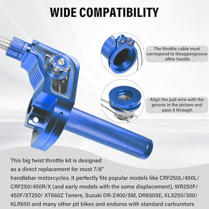 Universal 7/8" Big Twist Throttle Assembly, Dual Push-Pull Cable with Transparent Window for 110-650cc Dirt Pit Bike, Motocross, ATV & Quad, CNC Aluminum Quick Twister Throttle Grip (Blue) - color: Blue