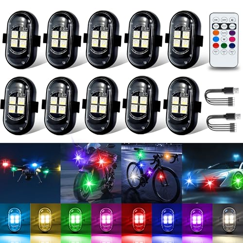 Wireless LED Lights for Car 10 Pack Remote Strobe Warning Waterproof | USB C charging, adjustable 8 colors & 10 strobe flash modes, anti-collision, fits car, truck, motorcycle, bike, drone