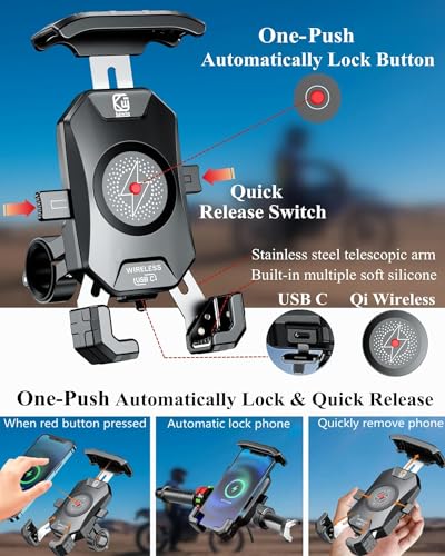 BRCOVAN Motorcycle Phone Mount Holder with Wireless & USB-C Charger | Qi 15W & PD 20W, 1s Locking Design Cellphone Clip with Aluminum Alloy Handlebar Mounting Base for 4'' - 7'' Smartphones