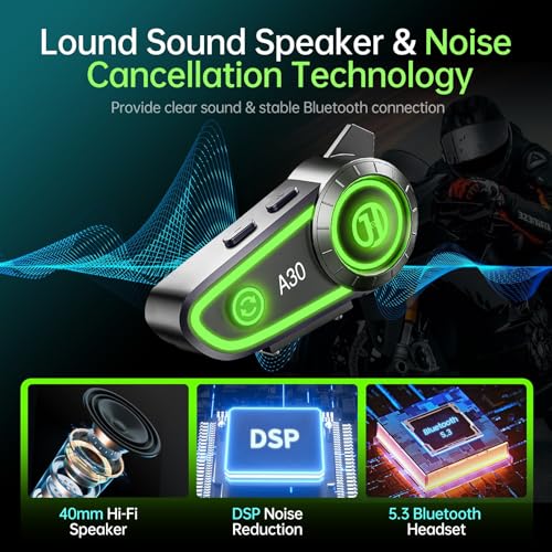 Motorcycle Bluetooth Headset with Noise Cancellatio, Helmet Bluetooth Headset Built-in Bluetooth 5.3 & Suitable for Most Helmets, Voice Assistant Hi-Fi Stereo Helmet Speakers 1200mAh Battery Life