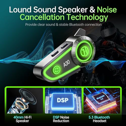 Motorcycle Bluetooth Headset with Noise Cancellatio, Helmet Bluetooth Headset Built-in Bluetooth 5.3 & Suitable for Most Helmets, Voice Assistant Hi-Fi Stereo Helmet Speakers 1200mAh Battery Life
