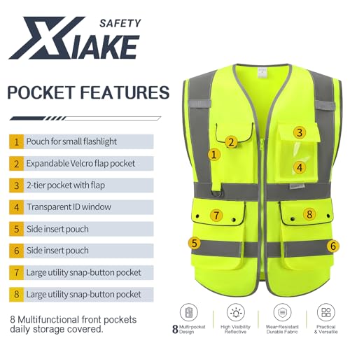 XIAKE Reflective Safety Vest for Men & Women High Visibility Class 2 Vest with Pockets Meets ANSI Standards - color: Yellow, size: Large