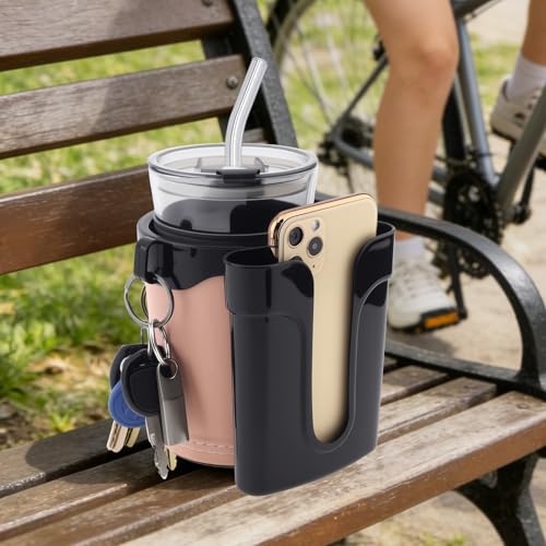 3-in-1 Bike Cup Holder with Cell Phone Keys Hook -Universal Water Bottle Holder for Walker/Wheelchair/Stroller/Scooter, Fits 0.87" Round Handlebar and 2.7" Cup Base,Beige - color: beige