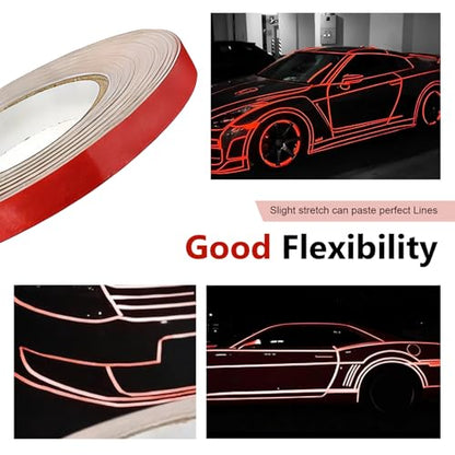 Car Reflective Strip Sticker, 0.39" x 16.4ft Cuttable Reflective Warning Body Tape, Self-Adhesive Night Visibility Rim Strip Decal, Universal for Most Cars, Motorcycles, Bikes (Red) - color: Red