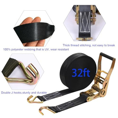 2PACK Ratchet Straps Heavy Duty, 8000 LBS Break Strength Ratchet Strap Tie Down, 2” x 32ft Black Tie-Down Ratcheting Cargo Truck Straps with Durable Double J Hook for for Truck (Black, 2IN X 32FT) - color: BLACK