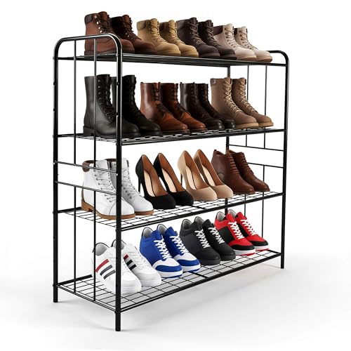 HOSY 4-Tier Metal Shoe Rack, Adjustable Shoe and Boot Storage Rack, Free Standing Utility Shelf (Black) - color: Black