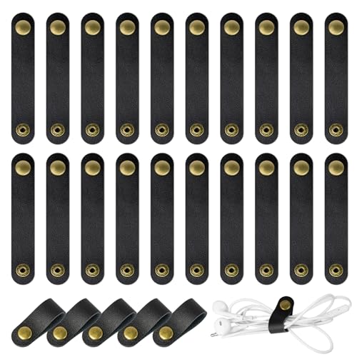 20 Pcs Leather Cord Organizer - Black Leather Cord Ties for Charging Cords, Reusable Charging Cable Organizers - color: Black