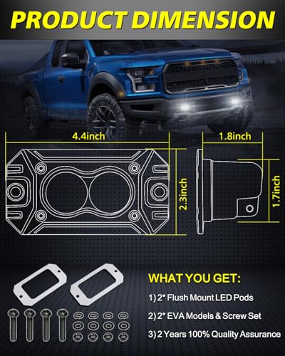 Flush Mount LED Pods, AKD Part 40W CREE LED Flush Mount Fog Lights Backup Reverse Lights Pods Offroad Driving Flood Bumper Light Bars for Trucks Pickup UTV ATV SUV - color: White Flush