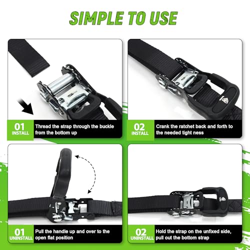 Heavy Duty Ratchet Straps (4 Pack) - Motorcycle Straps Tie Downs 5,208lb Break Strength - 1.5 in x 15ft Ratchet Tie Down Straps,15" Soft Loop Tie Down Straps for Truck, Cargos - style: Black,1.5"x15',5208lb