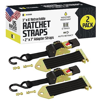 DC Cargo Mall Retractable Ratchet Straps - E-Track and Bolt-On Mounting Options (2 Pack) 1" x 6' - 4,000lbs Break Strength Heavy Duty Auto Self Retracting Tie Down Straps - color: Bolt On + Etrack, size: 1" x 6'