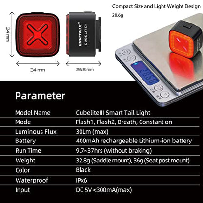 CUBELITE III Smart Bike Light,Ultra-high Visibility, Auto On/Off, Dual-Channel LED Automatic Brake-Sensing Taillight, USB Type-C Rechargeable Ultra-Long Standby, IPX6 Waterproof, 4 Lighting Modes.