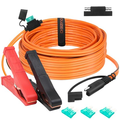 CUZEC SAE to Battery Clamp Cord, 12 AWG 30-Amp Weatherproof Cable with Fuse Holder, Alligator Clips for Motorcycle, ATV, RV (17ft/518cm) - size: 17 ft (518 cm)