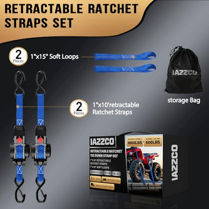 10FT Retractable Ratchet Straps(2-Pack) - 1 Inch (1800 LB Break Strength) Heavy Duty Self Retracting Ratchet Straps with Soft Loops & Storage Bag for Household, Motorcycle, Truck, ATV(Blue) - style: Blue-2 Pack