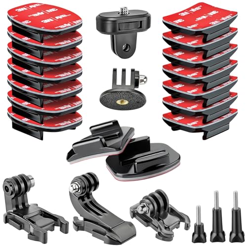 Helmet Mount for GoPro Go Pro, Curved Flat Adhesive Sticky Mounts, J-Hook L-Shaped, Basic Quick Release Buckle, Thumb Screw, Tripod 1/4" Screw Mount Adapter, Action Camera Accessories Kit 24PCS