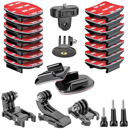 Helmet Mount for GoPro Go Pro, Curved Flat Adhesive Sticky Mounts, J-Hook L-Shaped, Basic Quick Release Buckle, Thumb Screw, Tripod 1/4" Screw Mount Adapter, Action Camera Accessories Kit 24PCS