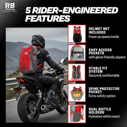 Reflective Motorcycle Backpack – Hi Viz EDC Commuter Bag for Riders, Night Travel, and Daily Use with Helmet Holder, Laptop Compartment, Ventilated Back, Urban Gear (red backpack) - color: Red