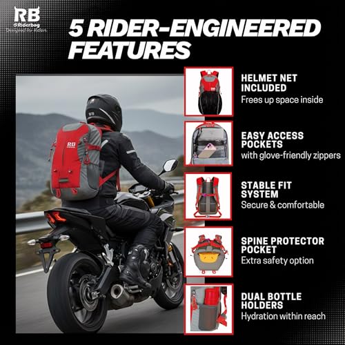riderbag Reflective Motorcycle Backpack, Hi Viz Commuter Riding Bag | Designed by Riders for Everyday Rides with Laptop Compartment and Helmet Net. Built to Help You Be Seen. - color: Red