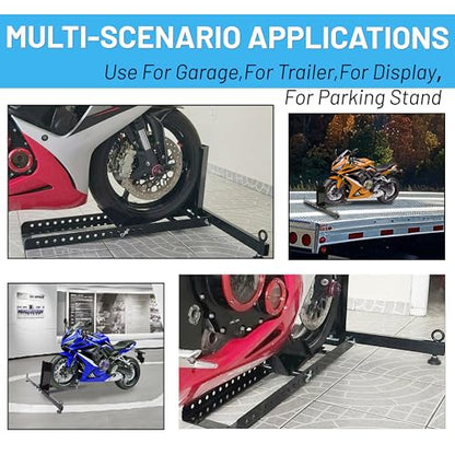 KUAFU Motorcycle Wheel Chock Stand Upright 1800 LBS, Wide Range 3“ to 5” Support Adjustable Heavy Duty Motorcycle Stand Front Wheel Tire Chock for Trailer/Truck/Garage Power Coated Steel
