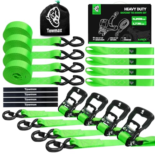 Ratchet Straps Heavy Duty 4 Pack -1.5 Inch x 15 Feet (5,208LB Break Strength)- Motorcycle Tie Down Straps -1.5xThickened Wear-Resistant Ratchet Tie Down Set for Powersports, Motorcycle or Moving Cargo - color: Green, size: 5208ft - 15ft