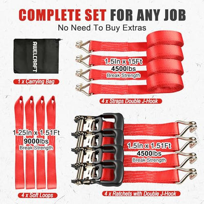 AWELCRAFT Ratchet Straps Heavy Duty 4 Pack,4500lbs Breaking Strength,1.5in×15ft Tie Down Ratcheting Strap with Padded Handles, Double J Hooks & Soft Loops for Motorcycle,Trailer & Trucks (Red) - color: Red