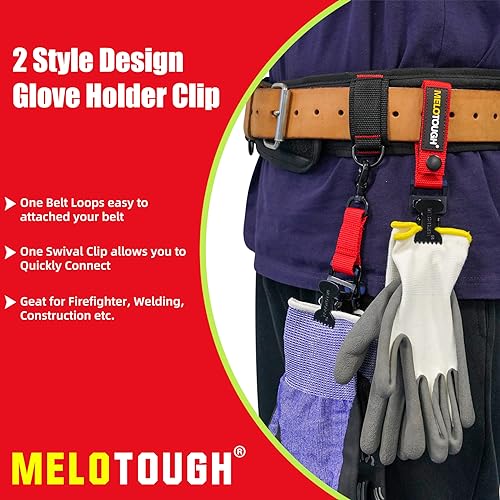 MELOTOUGH Firefighter Glove Strap | Work Glove Holder Clip with Glove Leash Swivel Snap Hook,Alligator Clip - color: Red
