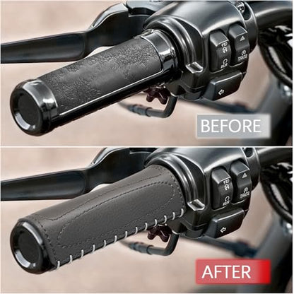 2 PCS Leather Motorcycle Handlebar Hand Grip Cover, Hand Sewn Grips Sleeve, No Fringe Brake Clutch Covers for HD Motorcycle Black - color: Black