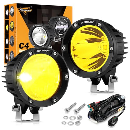 Auxbeam 4 Inch 72W Amber Fog Lights, 2PCS 7200LM LED Round Offroad Light Pods, Yellow Spot Beam Driving Off Road Work Light Bar with Wiring Harness Kit for Jeep Vehicle Pickup Trucks ATV UTV SUV - color: C4 Series-Yellow Spot Beam
