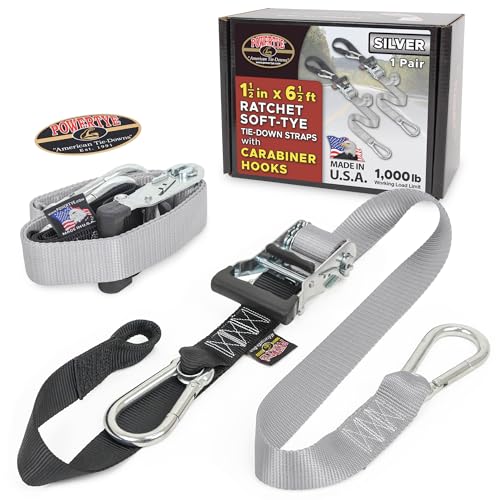 PowerTye 1.5 inch x 6.5ft Heavy Duty Ratchet Tie Down Straps with Carabiner Hooks & Sewn-in Soft-Tye, for Motorcycle, ATV, Trailer & Cargo - 1,000 lb WLL - Made in USA - Silver/Black Pair - color: Silver, size: 6.5 ft