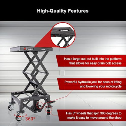 Tusk Scissor Lift Stand – Adjustable 13.75–34″ Heavy-Duty Motorcycle Lift Stand with Casters & Rubber Top Pad – Supports Up to 300 lb for Dirt Bike, ATV & UTV Maintenance