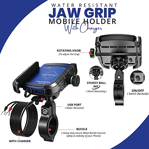 GRAND PITSTOP Bike Phone Mount Holder USB Charger Handlebar Mount, Camera Friendly, Aluminum Motorcycle Phone Mount, with 12/24V Motorcycles Quick Charge for 4.5-7 Inch Phones (Blue)