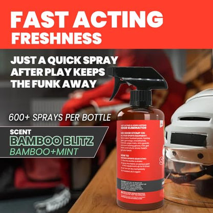 Uncle Todd’s Odor Stomp Sports Equipment Odor Eliminator Spray - Extra Strength Enzyme-Powered Deodorizer for Football, Hockey, Gym Bags, and Athletic Gear - Bamboo Blitz Scent - 16 oz