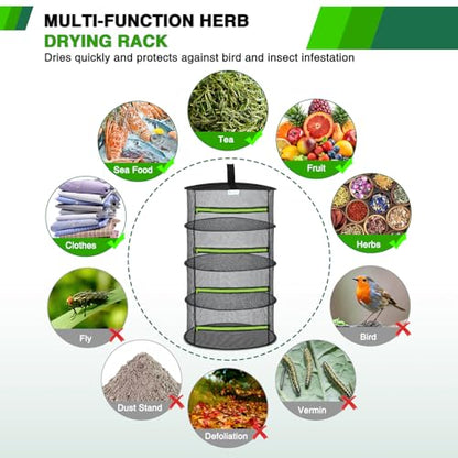 Yesker 4 Layer Herb Drying Rack Hanging Mesh Net Foldable Plant Drying Racks 24" w Green Zipper Pruning Shears Hook Dryer Hanging Rack for Herbs Seed Bud Fruit Clothes Grow Tent Closets Garden Outdoor - size: 4 Layers Fluorescent Green & Black