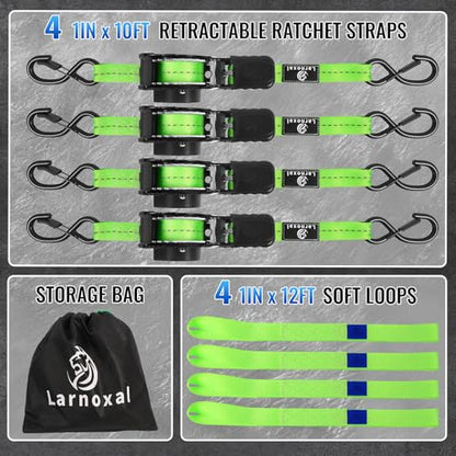 Retractable Ratchet Straps 4 Pack - 1,500 Lbs Break Strength 1 in x 10 Ft Heavy Duty Retractable Ratchet Tie Down Straps with S Hooks Set for Truck, Cargo Van, Trailer, Motorcycle (Green) - color: Green