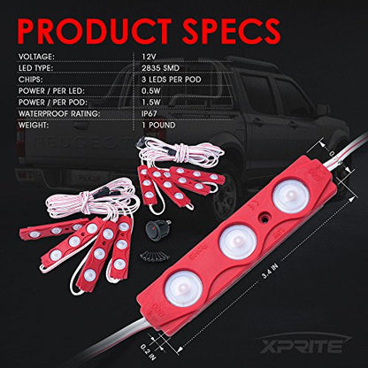 Xprite Red LED Truck Bed Light Kits Rock Lights with On/Off Switch, for Pickup Footwells, Running Boards, Cargo, Under Car, Tonneau Cover, Rail Lighting - color: Red