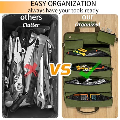 Roll Up Tool Bag, Heavy Duty Portable Soft Tool Storage with 2 Detachable Pouches,guy gifts for Him Dad Men Mechanic Welding, Green