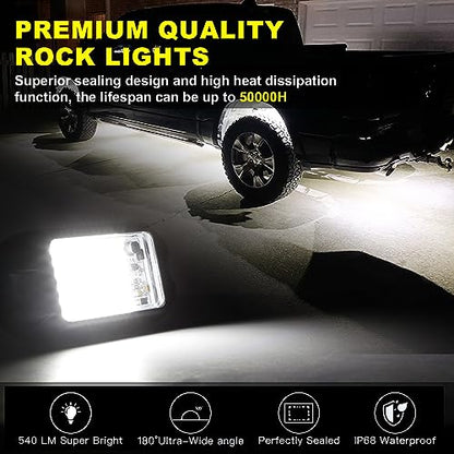 Nicoko 4Pods Pure White 72 LEDs SMD Chips 72w High Power Rock Lights Super Bright White Offroad Car Boat Underglow Lights IP68 Waterproof for Truck SUV UTV ATV RZR - size: Pure white rock lights - 4 pack