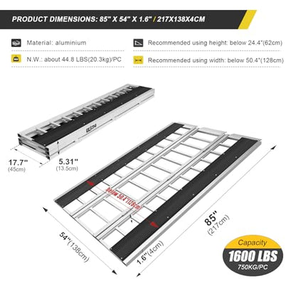 BEJONI 85" L Tri-Fold Snowmobile Ramp, Extra-Wide Aluminum Loading Ramps, 1600LBS, Heavy-Duty ATV Ramp for Pickup Truck, Trailer, UTVs, ATVs, Motorcycles, Dirt Bikes, Winter Gift for Man - size: 85'' L - 1600lbs Load Capacity