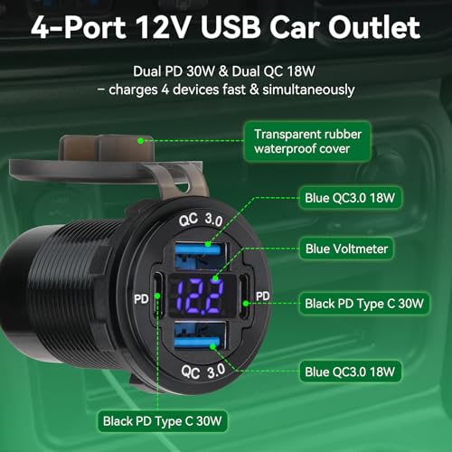 12V USB Outlet 4-Port, 78W Dual PD30W & QC3.0 Fast Charger, Waterproof Aluminum Alloy 12v Power Outlet with Blue Voltmeter for Cars RVs Boats Golf Carts Trucks Motorcycles - size: 1 pack