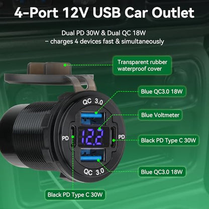 12V USB Outlet 4-Port, 78W Dual PD30W & QC3.0 Fast Charger, Waterproof Aluminum Alloy 12v Power Outlet with Blue Voltmeter for Cars RVs Boats Golf Carts Trucks Motorcycles - size: 1 pack
