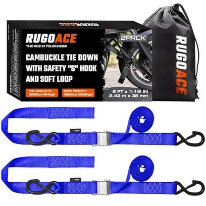 2PK 1.5" x 8FT Motorcycle Tie Down Straps, 3,000lb Break Strength, Heavy Duty Cambuckle, Safety S-Hooks & Soft Loops for Dirt Bike, ATV, UTV, Boat, and Kayak, Durable and Easy to Use, Blue - color: Blue