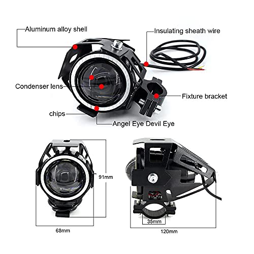2pcs Bright 3000LM 125W LED Motorcycle Headlight With Demon Angel Blue Eyes auxiliary Work Light Spotlight Driving Fog Spot Lamp Universal for Car Offroad ATV Truck + 2pcs Switch